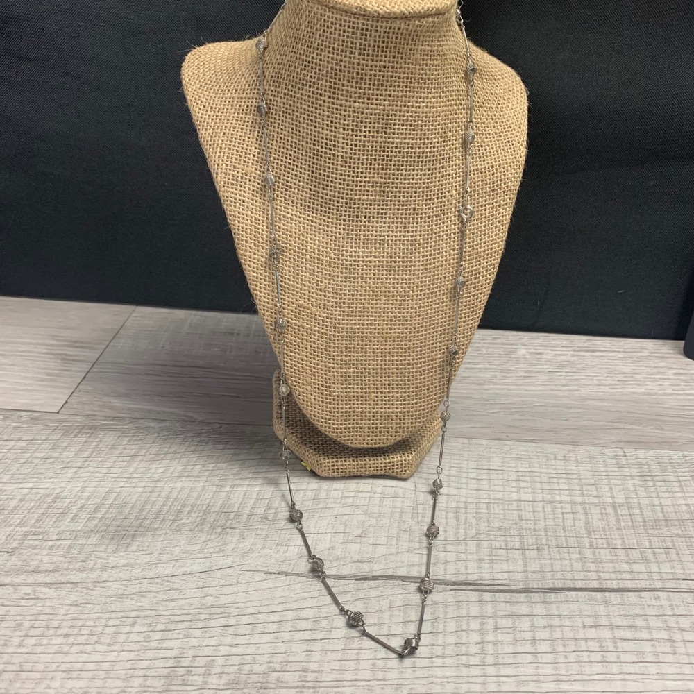 Silver Tone Bar and Wire Wrapped Bead Station Necklace 32 Inch Long 5315